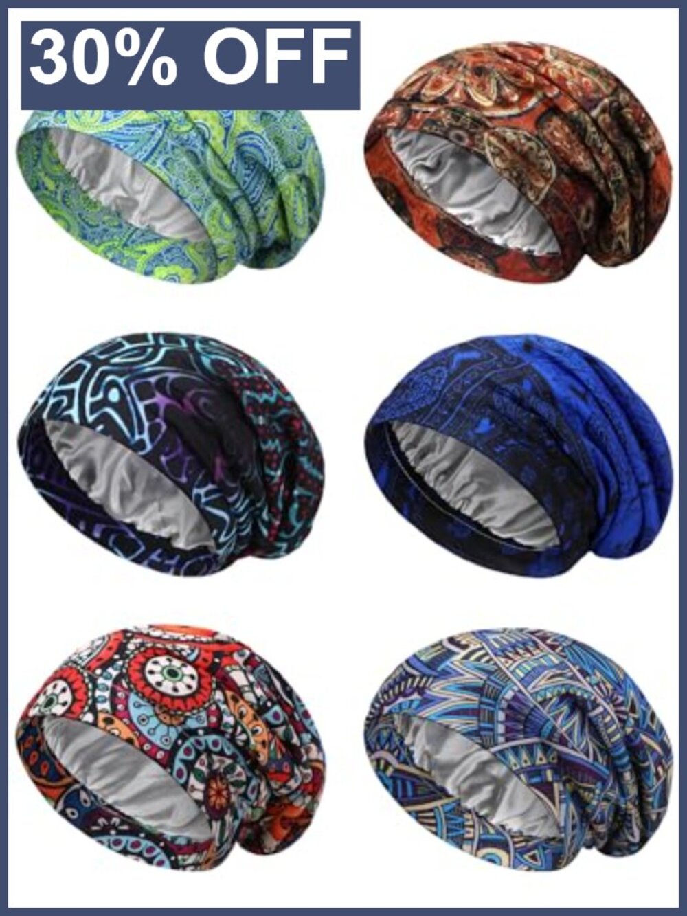 Satin Lined Sleep Bonnets for Women Men Chemo Cap Stretch Beanie 6 Pack